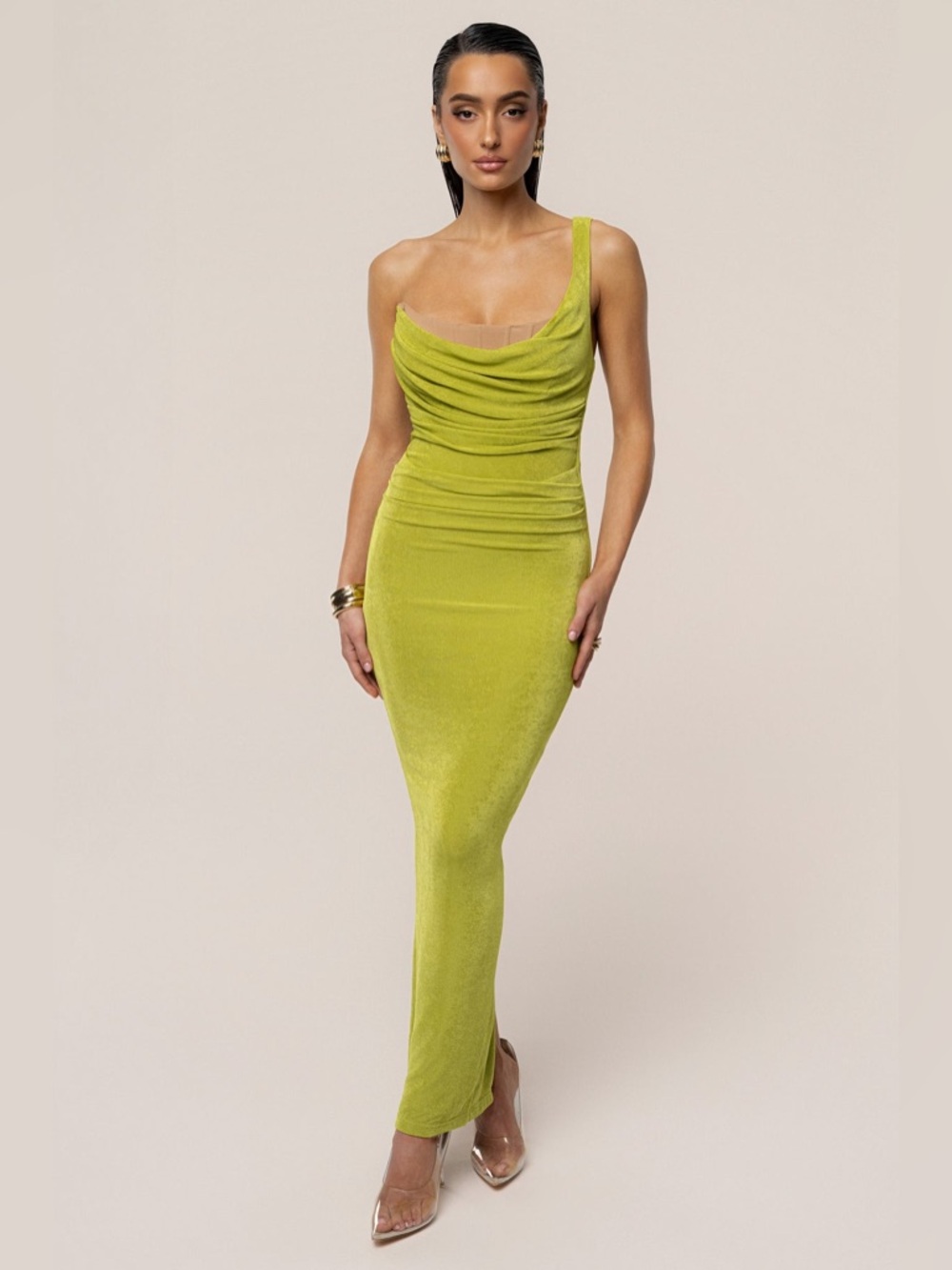 JLuxLabel NWT LIME GREEN SLINKY KRISHNA ONE SHOULDER MAXI DRESS